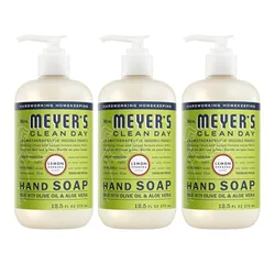 Three bottles of Mrs. Meyer's Clean Day Hand Soap, Lemon Verbena scent, 12.5 fl oz each, with olive oil and aloe vera.