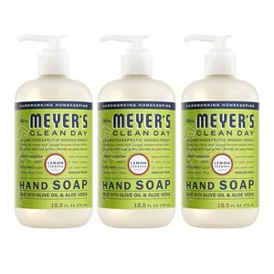 Three bottles of Mrs. Meyer's Clean Day Hand Soap, Lemon Verbena scent, 12.5 fl oz each, with olive oil and aloe vera.