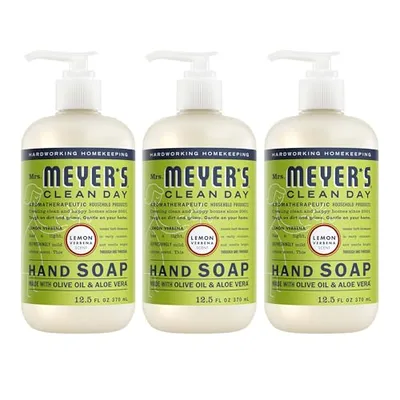 Three bottles of Mrs. Meyer's Clean Day Hand Soap, Lemon Verbena scent, 12.5 fl oz each, with olive oil and aloe vera.