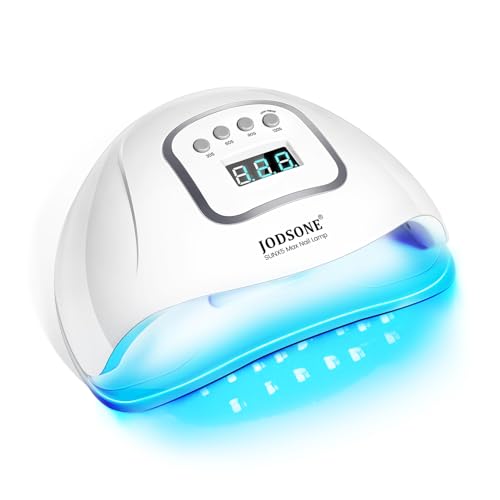 A LED nail lamp with a digital timer display and controls for different settings, emitting blue light, branded as JODSONE.