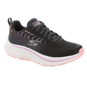 Skechers GOrun shoe with breathable black mesh, pink and purple accents, and a cushioned white sole designed for comfort.