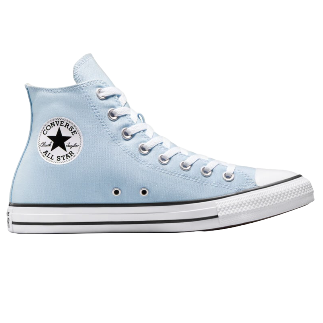 Light blue Converse Chuck Taylor All Star high-top sneaker with white laces, a rubber toe cap, and the classic logo patch.