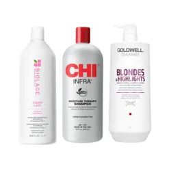 Biolage Color Last Shampoo, CHI Infra Moisture Therapy Shampoo, and Goldwell Dualsenses Blondes & Highlights Anti-Yellow Conditioner are displayed.