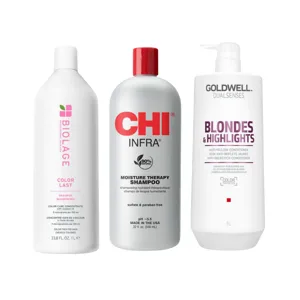Biolage Color Last Shampoo, CHI Infra Moisture Therapy Shampoo, and Goldwell Dualsenses Blondes & Highlights Anti-Yellow Conditioner are displayed.