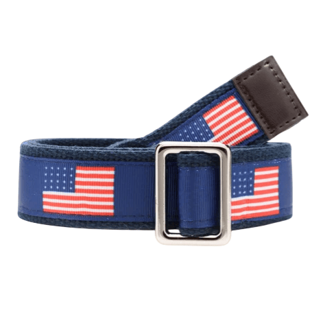 A blue dog collar featuring a ribbon with American flag patterns, a silver buckle, and a brown leather accent.