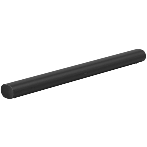 A sleek, black soundbar designed for home audio enhancement.