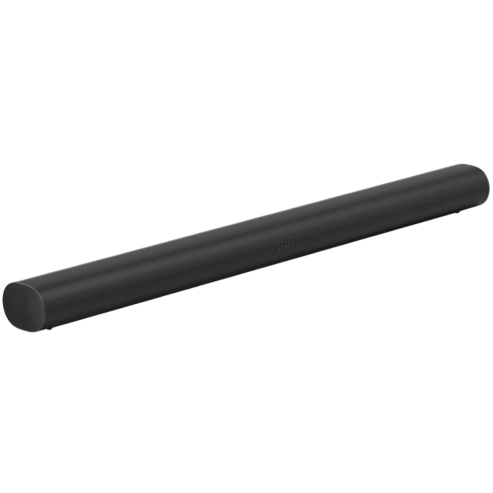 A sleek, black soundbar designed for home audio enhancement.