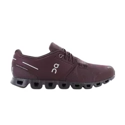 A maroon athletic shoe with a unique cushioned sole, featuring the brand's logo and Swiss engineering details.