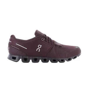 A maroon athletic shoe with a unique cushioned sole, featuring the brand's logo and Swiss engineering details.