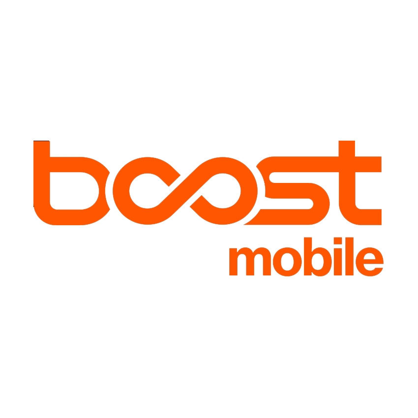 Boost Mobile logo in orange with a stylized infinity symbol integrated into the text.