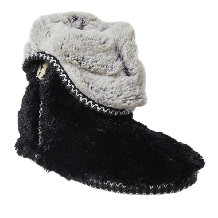A black and gray fluffy slipper boot with a fold-over cuff and zigzag stitching along the edges.