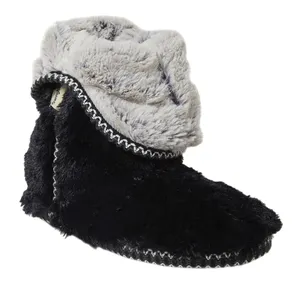 A black and gray fluffy slipper boot with a fold-over cuff and zigzag stitching along the edges.
