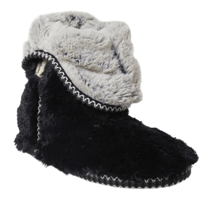 A black and gray fluffy slipper boot with a fold-over cuff and zigzag stitching along the edges.