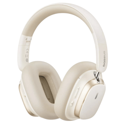 Baseus over-ear headphones in beige with soft cushioned ear pads and control buttons on the side.