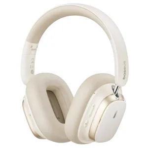 Baseus over-ear headphones in beige with soft cushioned ear pads and control buttons on the side.