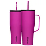 Two matte pink Corkcicle tumblers with straws are shown; one has a handle.