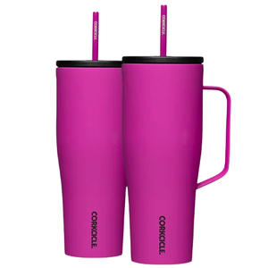 Two matte pink Corkcicle tumblers with straws are shown; one has a handle.