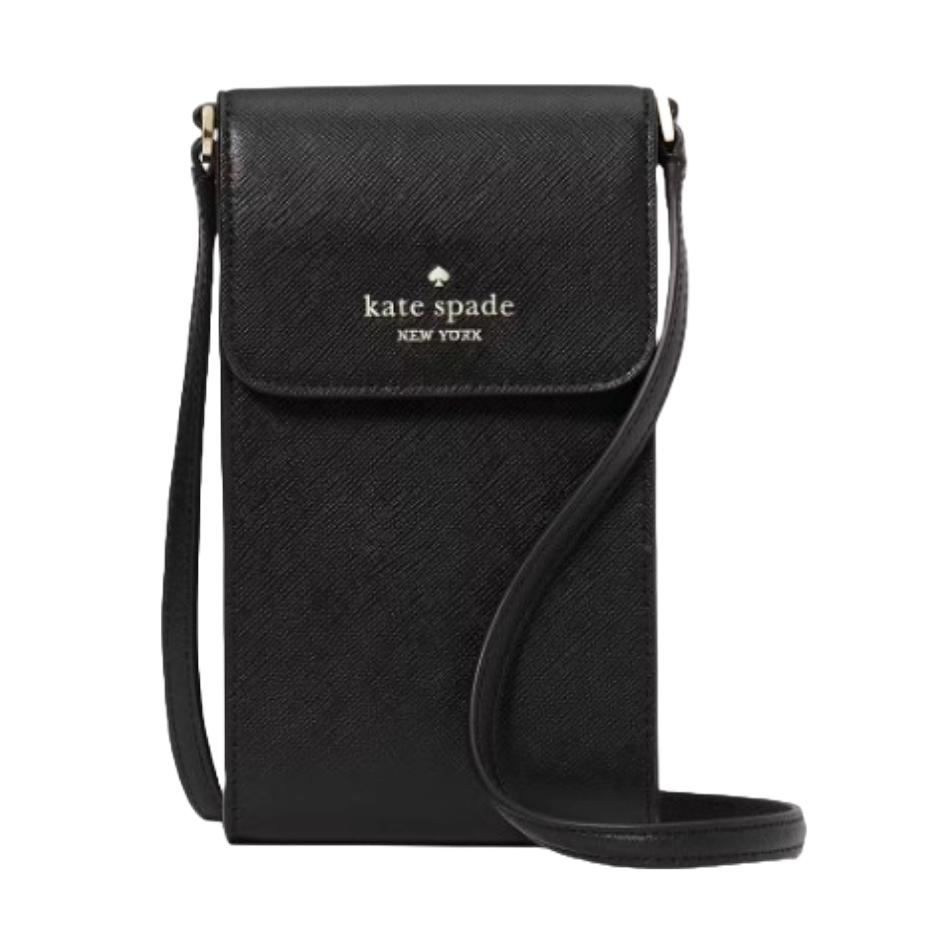 Black Kate Spade leather phone crossbody with a flap closure, featuring the brand's logo on the front. It includes an adjustable strap for easy carrying.