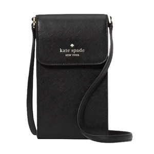 Black Kate Spade leather phone crossbody with a flap closure, featuring the brand's logo on the front. It includes an adjustable strap for easy carrying.
