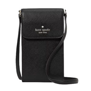 Black Kate Spade leather phone crossbody with a flap closure, featuring the brand's logo on the front. It includes an adjustable strap for easy carrying.