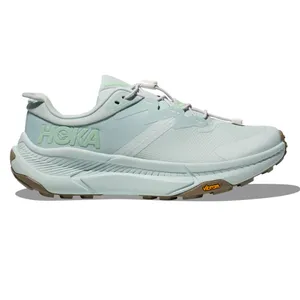 Light blue Hoka running shoe featuring a Vibram outsole and cushioned midsole, designed for comfort and traction.