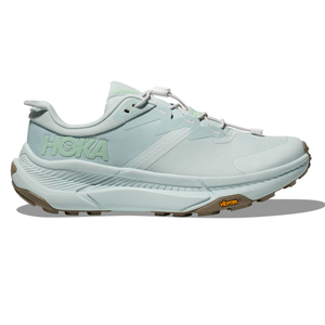 Light blue Hoka running shoe featuring a Vibram outsole and cushioned midsole, designed for comfort and traction.