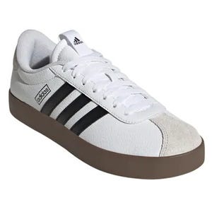 White sneakers with black stripes on the side, a beige suede toe cap, and a dark brown rubber sole, featuring the Adidas logo on the tongue and heel tab.