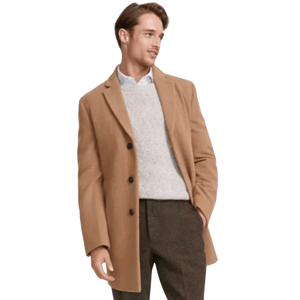Men's camel-colored Calvin Klein wool-blend overcoat with a notched collar, three-button closure, worn over a light gray sweater and brown pants.