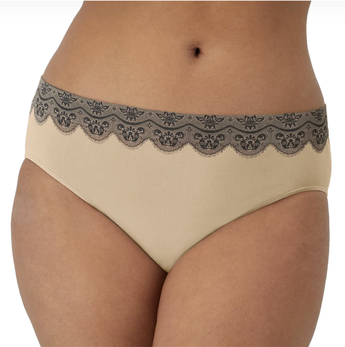 A pair of beige bikini-style underwear with a scalloped lace waistband featuring a floral pattern.