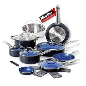 Mueller cookware set featuring various pots and pans with blue ceramic nonstick interiors, metal handles, and glass lids, plus a stainless steel steamer insert.