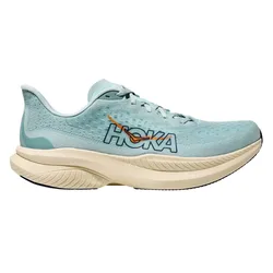 Light blue Hoka running shoe with a thick beige sole and the Hoka logo in blue and orange on the side.