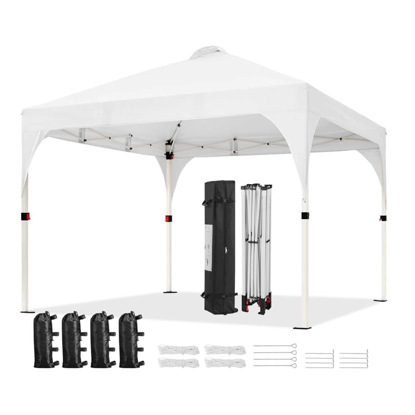 10' x 10' white pop-up canopy tent with a peak roof, including a wheeled carry bag, four weight bags, ropes, and stakes for stability.