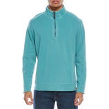 A turquoise quarter-zip pullover with long sleeves, featuring a high collar and visible stitching, paired with dark blue jeans.