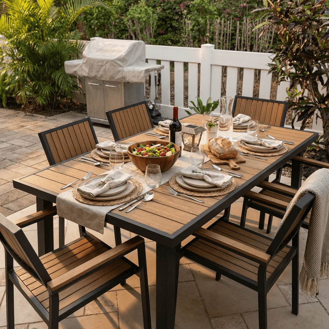 Outdoor dining set with wood and metal table and chairs, set with plates, silverware, and napkins; includes salad, bread, wine, and a covered grill in the background.