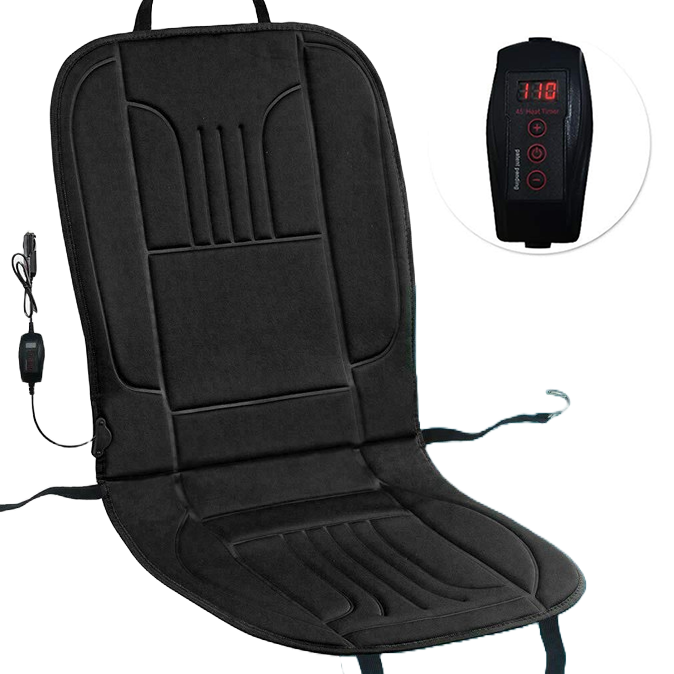 A black heated car seat cushion cover with vertical grooves features an attached controller for temperature adjustment, powered by a car adapter plug.