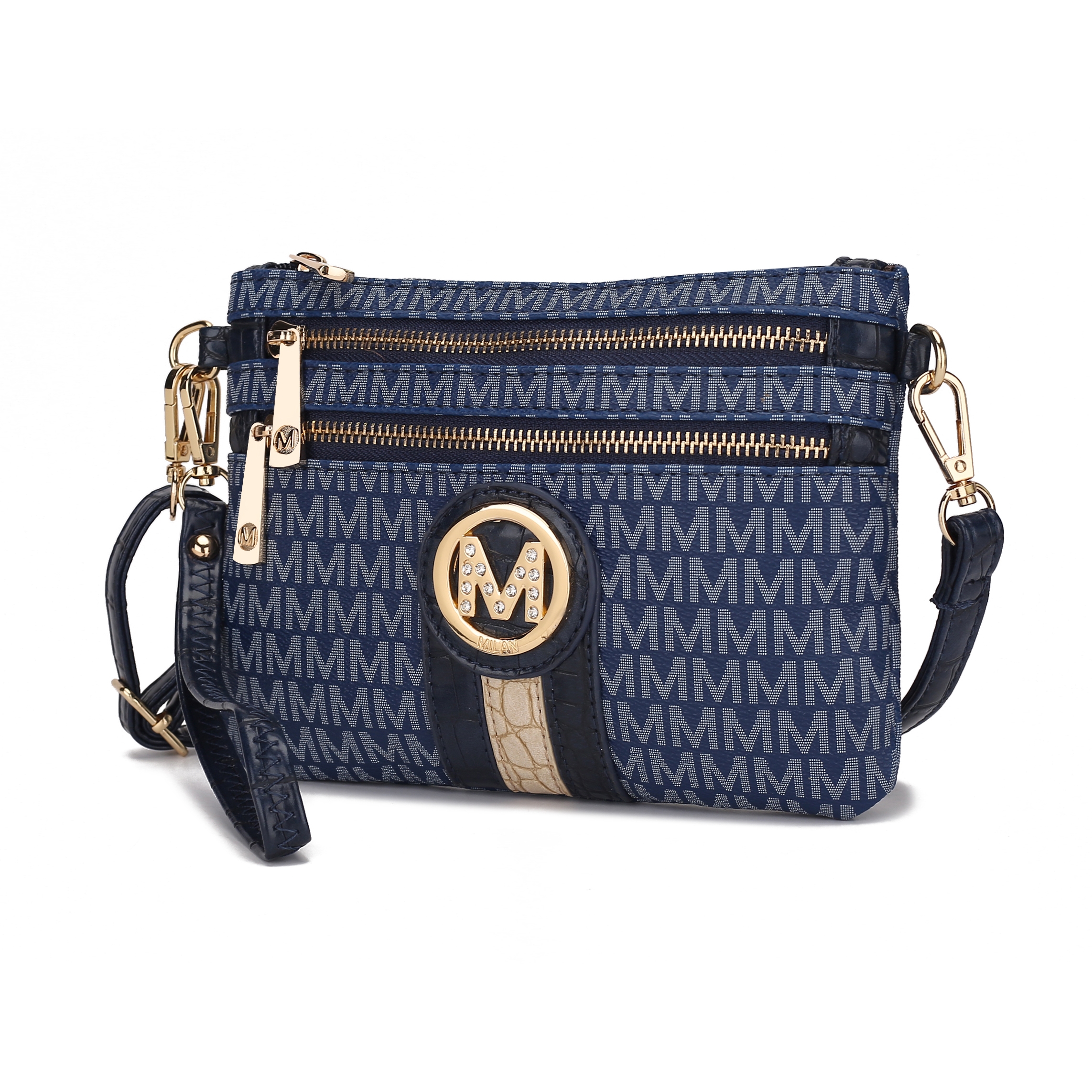 A blue crossbody purse with a pattern of the letter 'M' and a circular logo featuring what looks like a gemstone design.