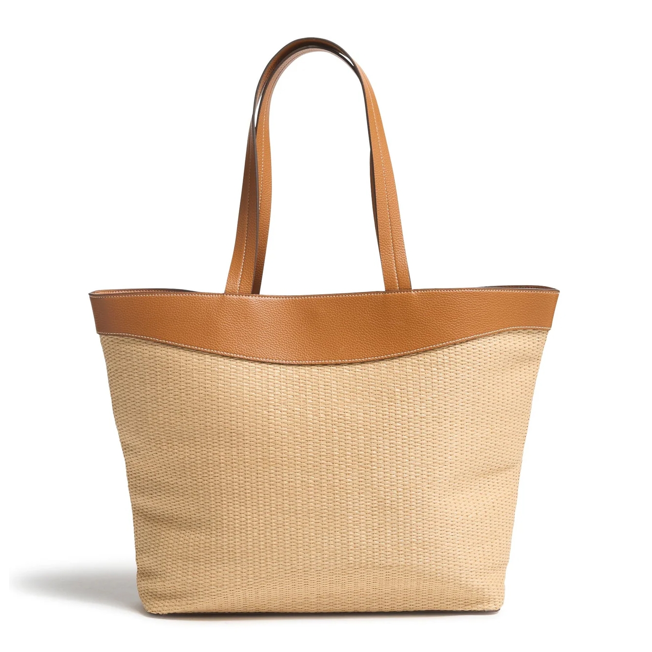 A stylish tote bag featuring a beige woven texture with brown leather trim and handles, offering a spacious interior suitable for everyday use.