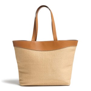 A stylish tote bag featuring a beige woven texture with brown leather trim and handles, offering a spacious interior suitable for everyday use.