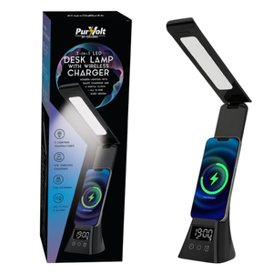 3-in-1 LED desk lamp with wireless charger, featuring a modern design, 3 lighting temperatures, 15W wireless charging, USB power, and an LED clock with alarm.
