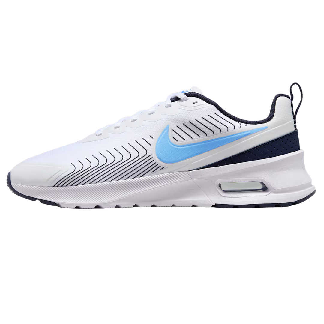 White athletic shoe featuring a light blue swoosh logo, black accents, and a cushioning sole for support.