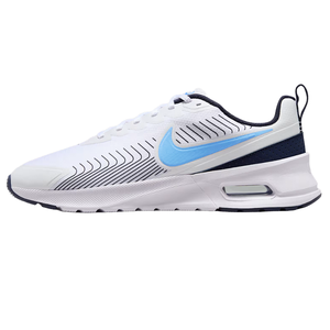 White athletic shoe featuring a light blue swoosh logo, black accents, and a cushioning sole for support.
