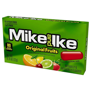 Mike and Ike Original Fruits candy box, gluten-free, fat-free, 80 calories per 0.78 oz (22g) package, featuring assorted fruit flavors.