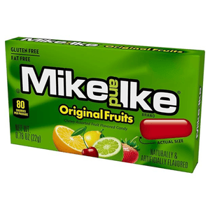Mike and Ike Original Fruits candy box, gluten-free, fat-free, 80 calories per 0.78 oz (22g) package, featuring assorted fruit flavors.