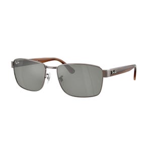 Ray-Ban sunglasses with rectangular metal frames, brown arms, and gray lenses, featuring the brand's logo on the lens and temple.