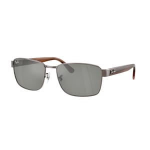 Ray-Ban sunglasses with rectangular metal frames, brown arms, and gray lenses, featuring the brand's logo on the lens and temple.