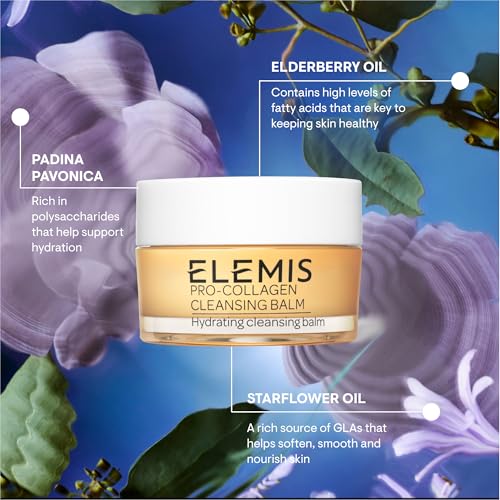 ELEMIS Pro-Collagen Cleansing Balm is highlighted, featuring elderberry oil for skin health, padina pavonica for hydration, and starflower oil for softening and nourishing skin.