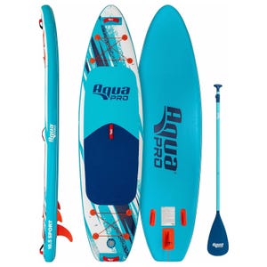 Aqua Pro inflatable paddleboard in blue with a non-slip deck, elastic bungee cords, three fins, and an adjustable paddle.