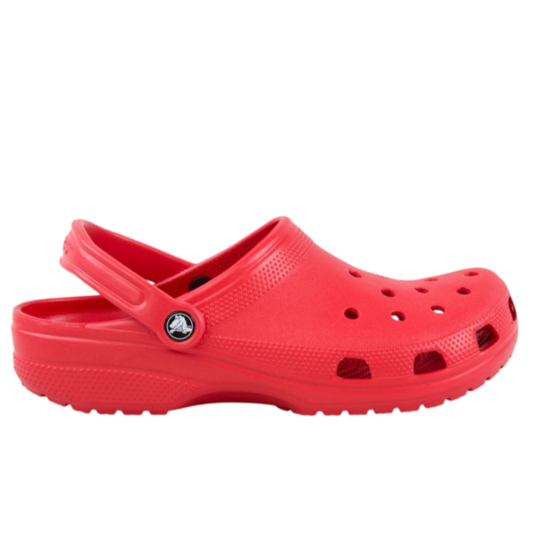A red clog-style shoe with ventilation holes and an adjustable heel strap.