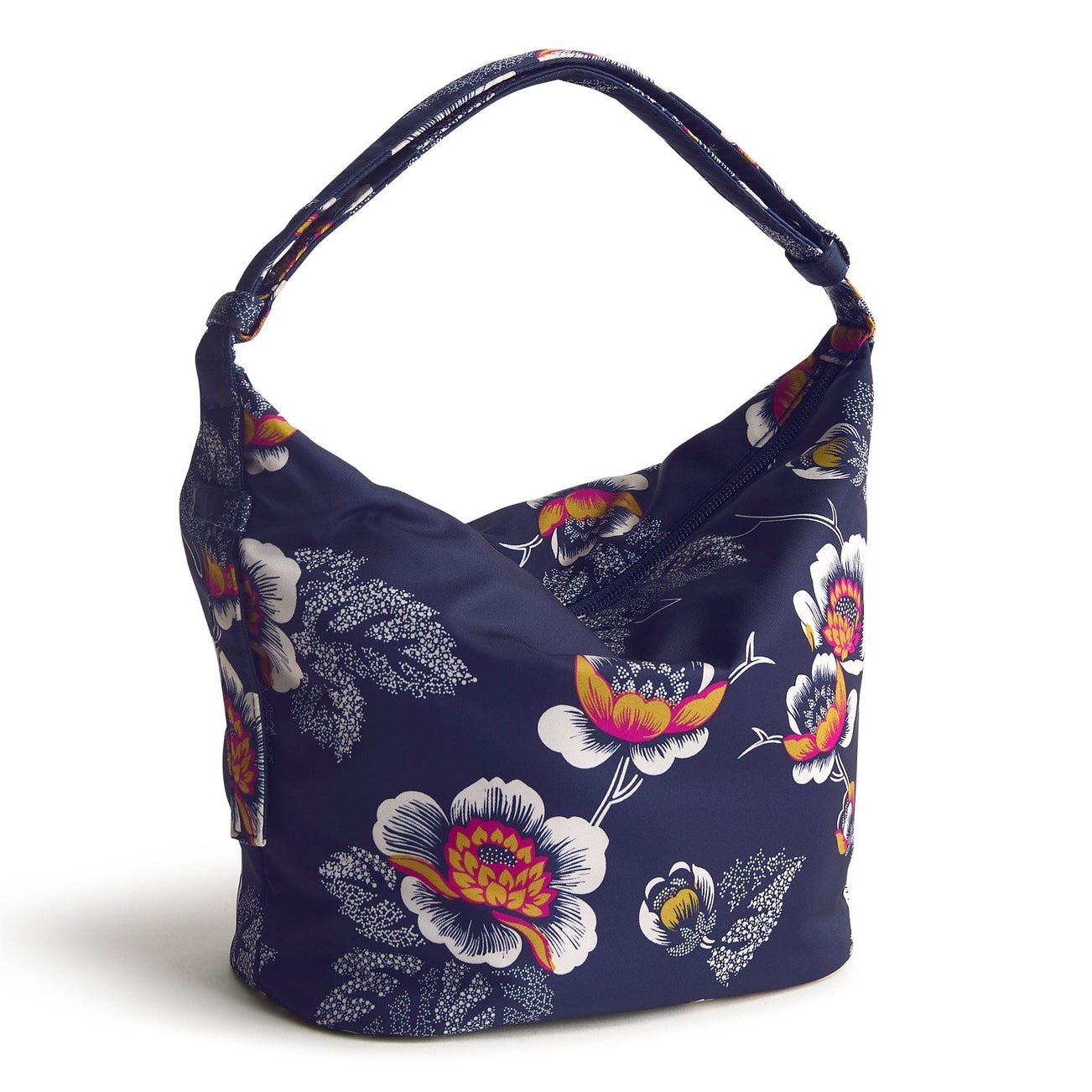 A navy blue floral-patterned hobo bag with a wide strap and a spacious shape, featuring vibrant yellow and pink flowers.