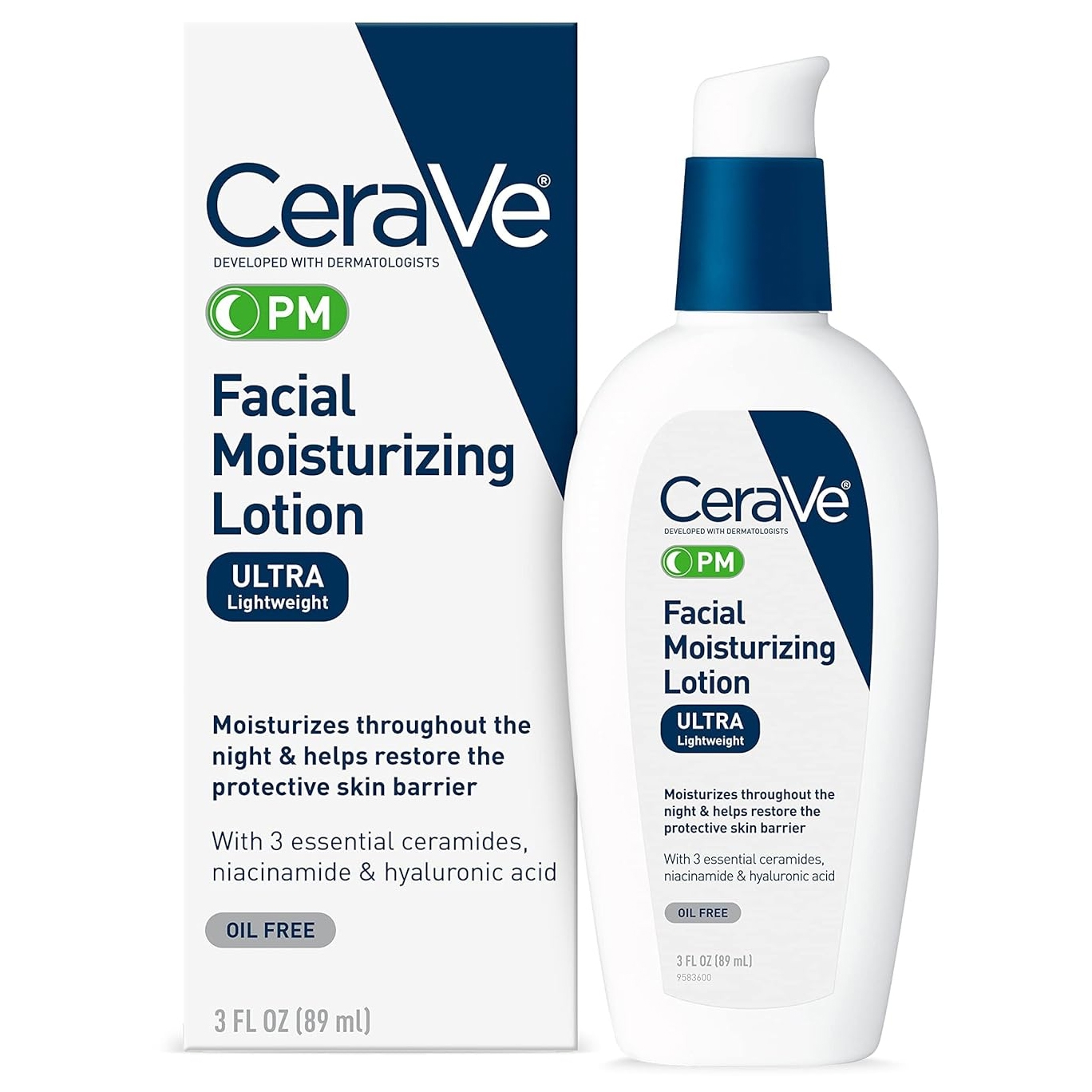 CeraVe PM Facial Moisturizing Lotion is an ultra-lightweight, oil-free moisturizer that hydrates overnight and helps restore the skin barrier with essential ceramides, niacinamide, and hyaluronic acid. Size: 3 fl oz (89 ml).